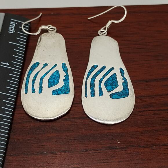 Taxco Turquoise Chip Inlay Sterling Silver Earrings - Picture 4 of 5